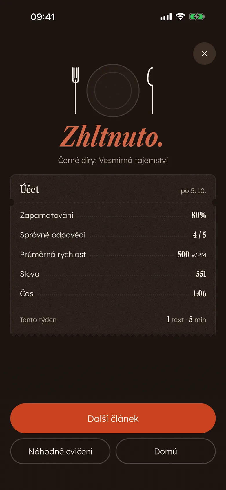 Účet Devoro po čtení: „Zhltnuto.“ se zapamatováním, správnými odpověďmi, rychlostí, slovy a časem