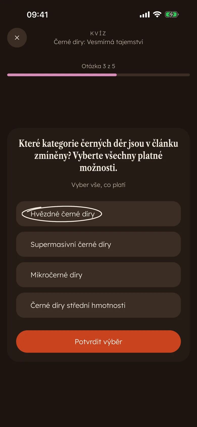 Kvízová otázka v Devoro s více správnými odpověďmi hned po čtení, jedna odpověď zakroužkovaná