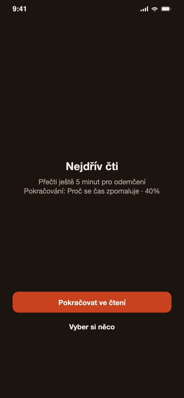 Zamykací stránka Devoro: „Nejdřív čti“ s tlačítky „Pokračovat ve čtení“ a „Vyber si něco“