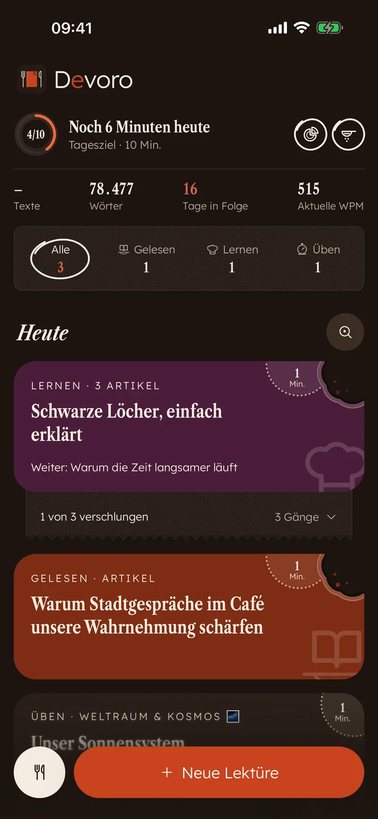 Der Devoro-Startbildschirm: Farbkarten mit Häppchen, der Zielteller und Statistiken