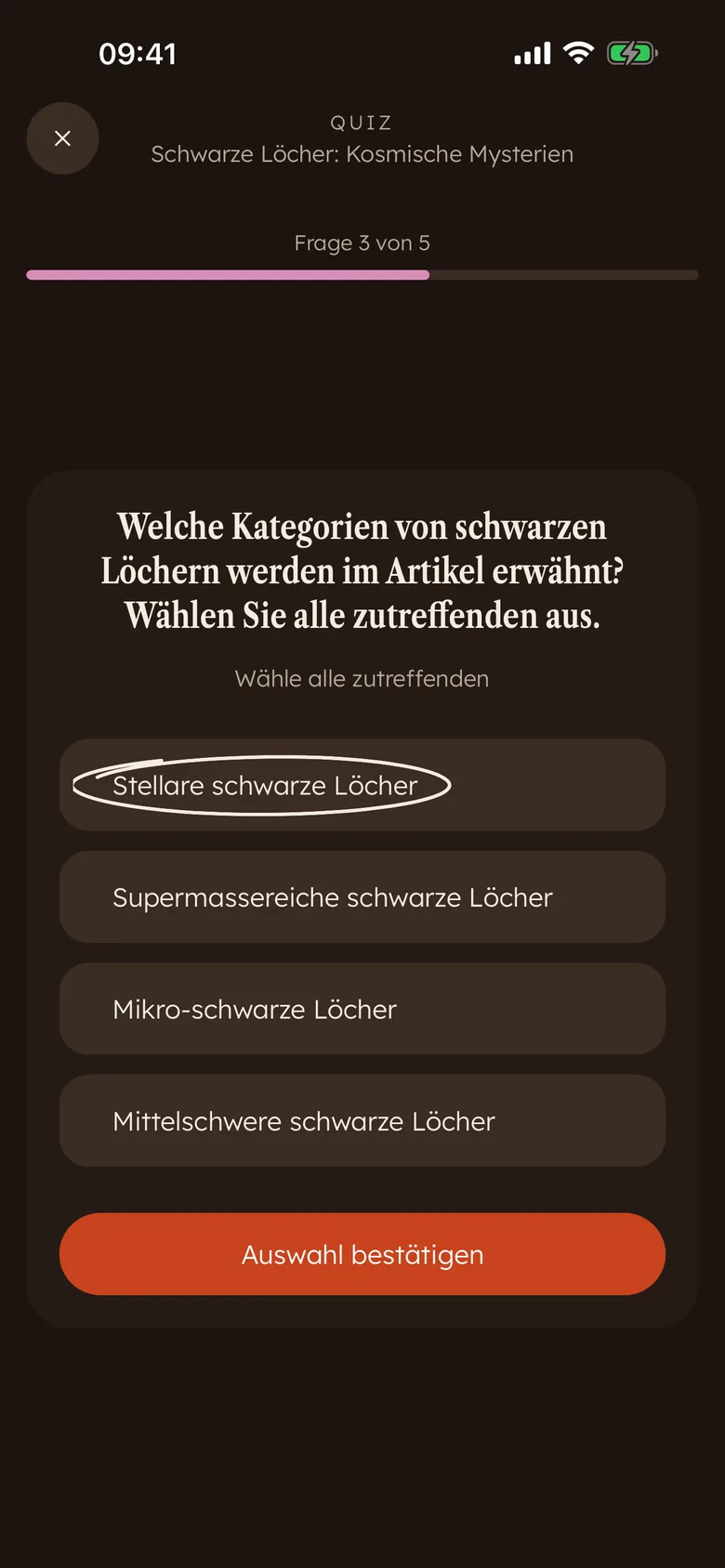 Eine Devoro-Quizfrage mit Mehrfachauswahl direkt nach dem Lesen, eine Antwort eingekreist