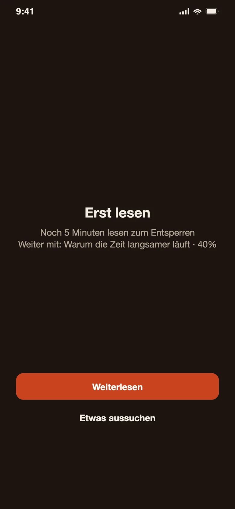 Der Sperrbildschirm von Devoro: „Erst lesen“ mit den Buttons „Weiterlesen“ und „Etwas aussuchen“