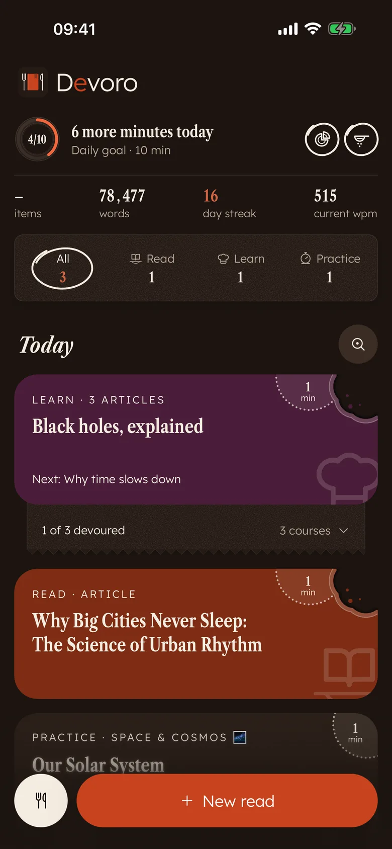 Devoro Home: colour cards with bites, the goal plate and stats
