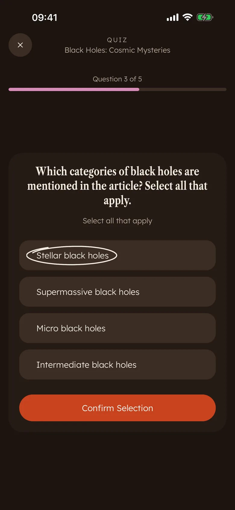 A Devoro multiple-select quiz question right after a read, one answer circled