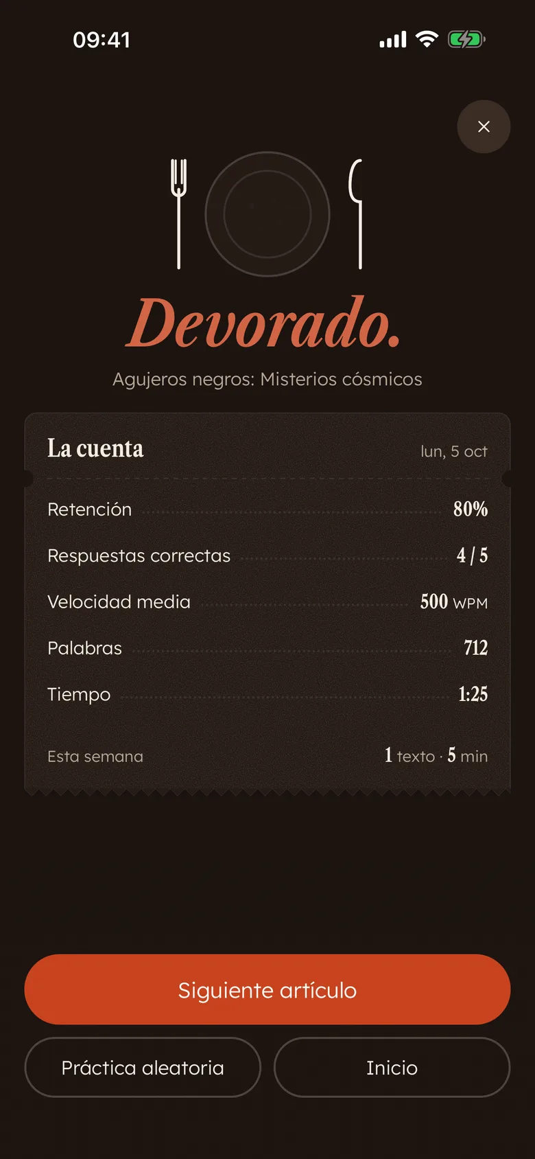 La cuenta de Devoro tras una lectura: «Devorado.» con retención, respuestas correctas, velocidad, palabras y tiempo