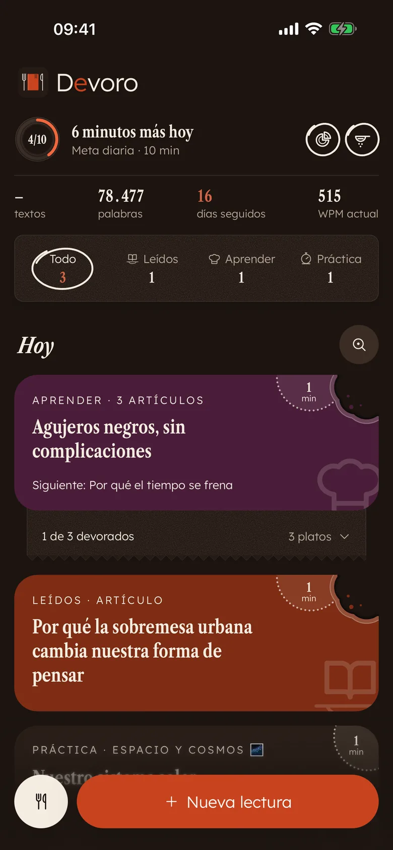 Inicio de Devoro: tarjetas de color con bocados, el plato de la meta y estadísticas