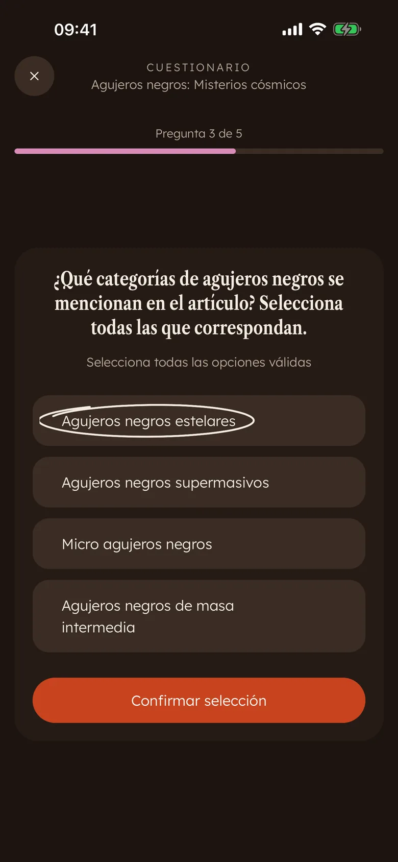 Una pregunta de quiz de Devoro de selección múltiple justo después de una lectura, con una respuesta rodeada con un círculo