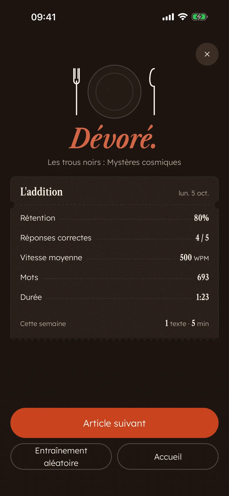 L'addition Devoro après une lecture : « Dévoré. » avec rétention, bonnes réponses, vitesse, mots et durée