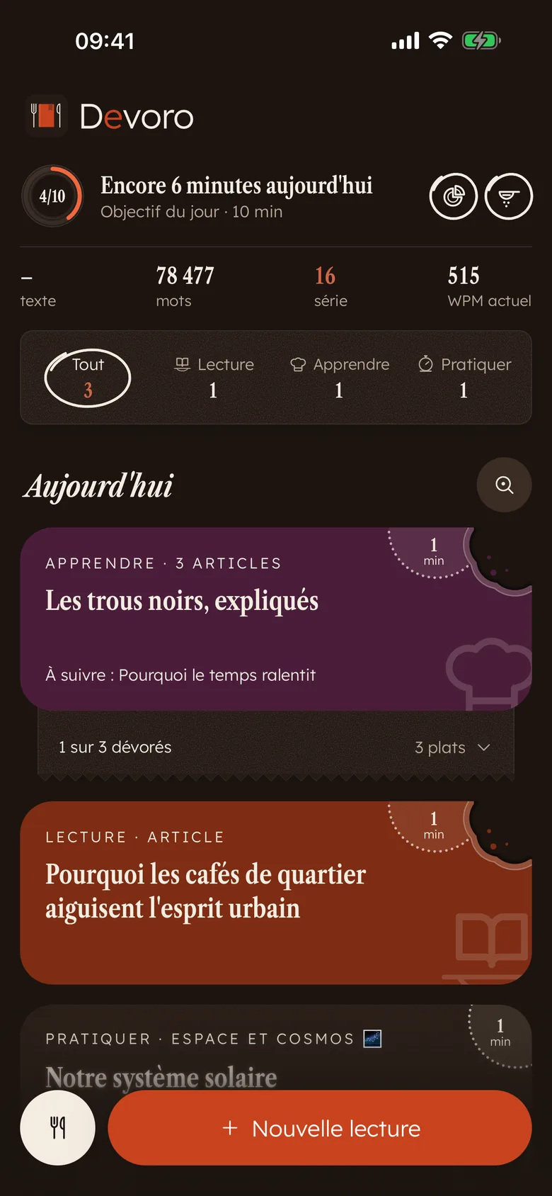 Accueil Devoro : cartes en couleur avec des bouchées, l'assiette de l'objectif et les stats