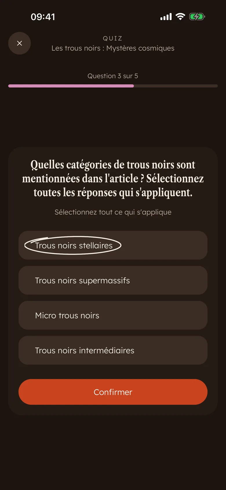 Une question de quiz Devoro à choix multiples juste après une lecture, une réponse entourée