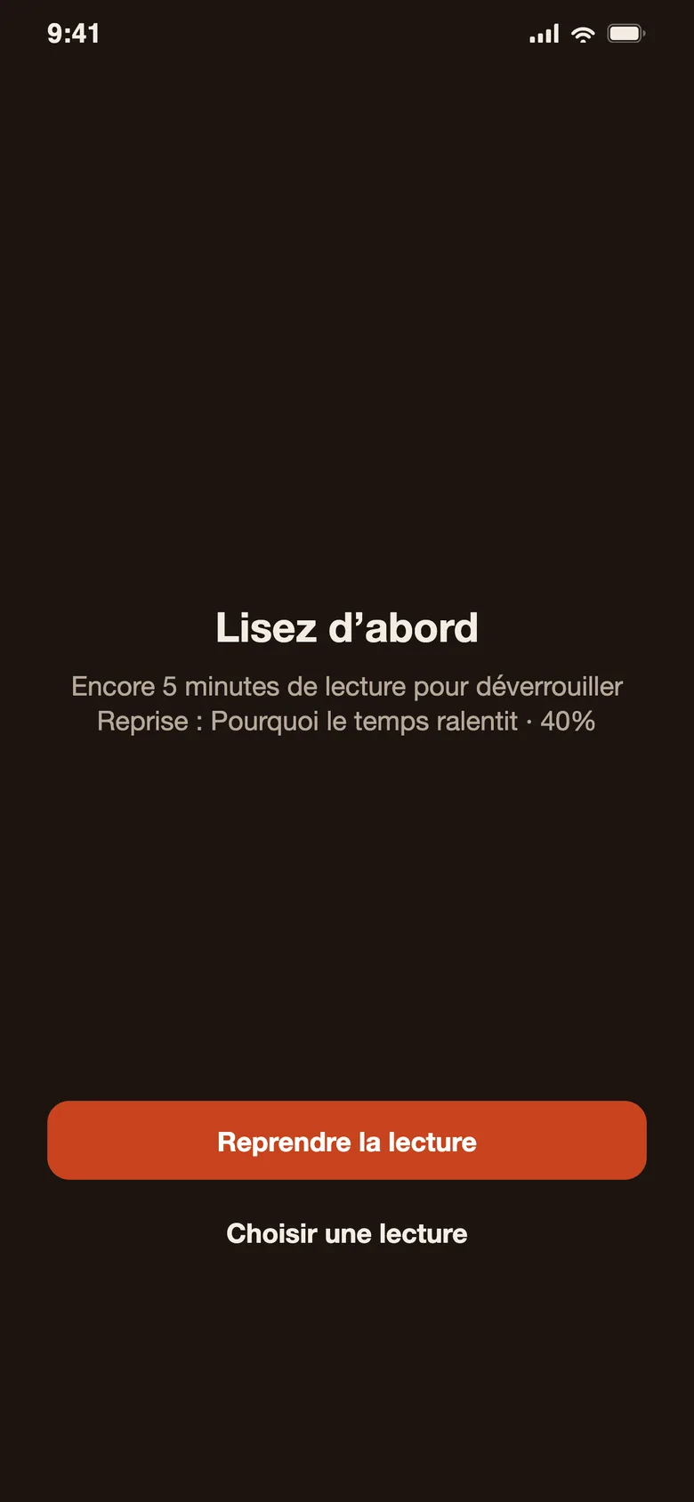 La page de blocage de Devoro : « Lisez d’abord », avec les boutons « Reprendre la lecture » et « Choisir une lecture »