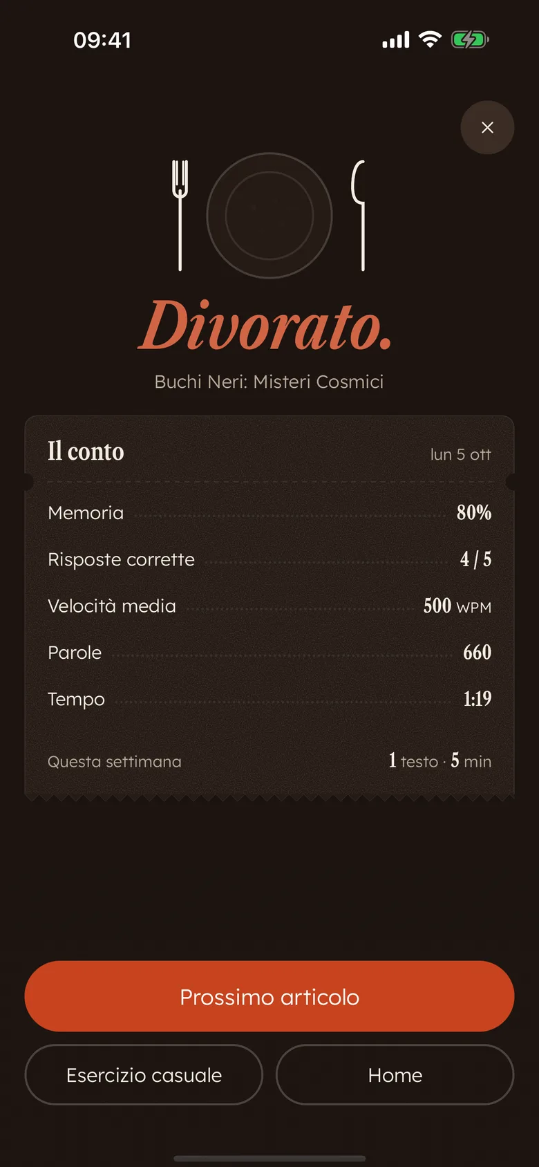 Il conto di Devoro dopo una lettura: «Divorato.» con memoria, risposte corrette, velocità, parole e tempo