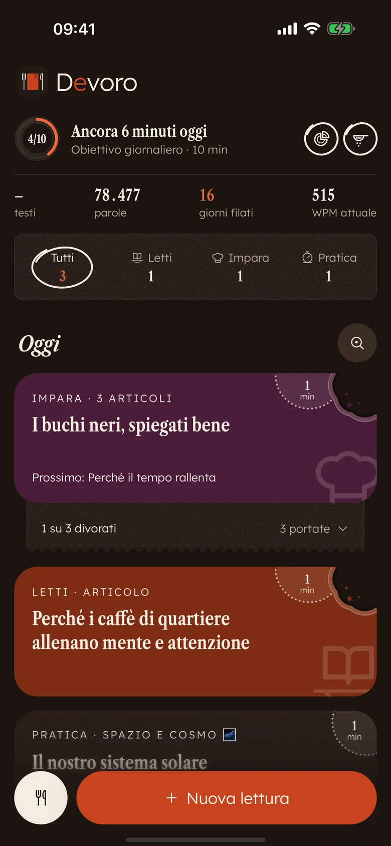 Home di Devoro: schede colorate con bocconi, il piatto dell'obiettivo e le statistiche