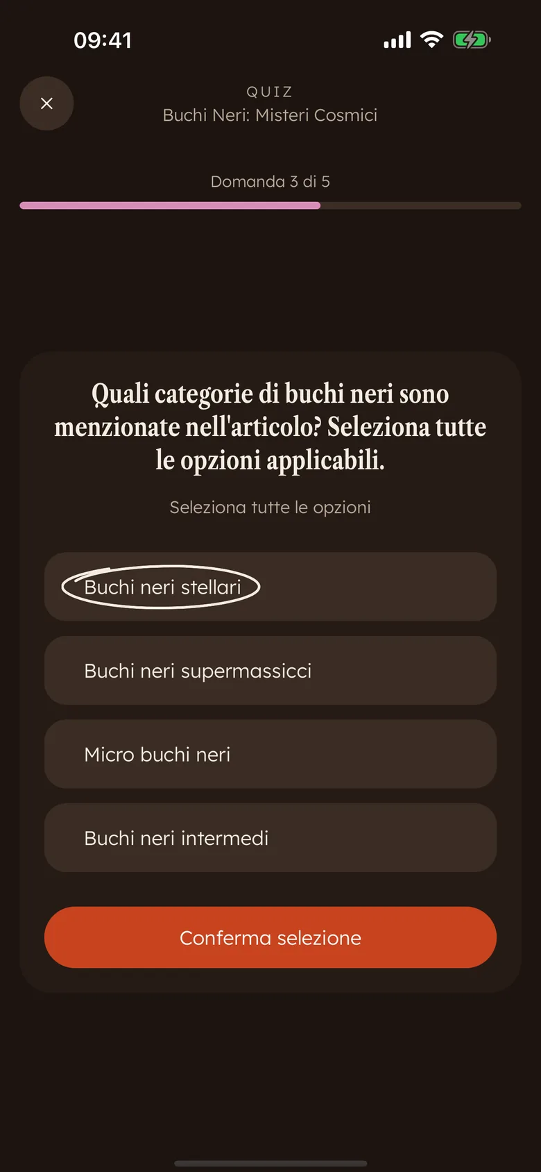 Una domanda del quiz di Devoro a scelta multipla subito dopo una lettura, con una risposta cerchiata