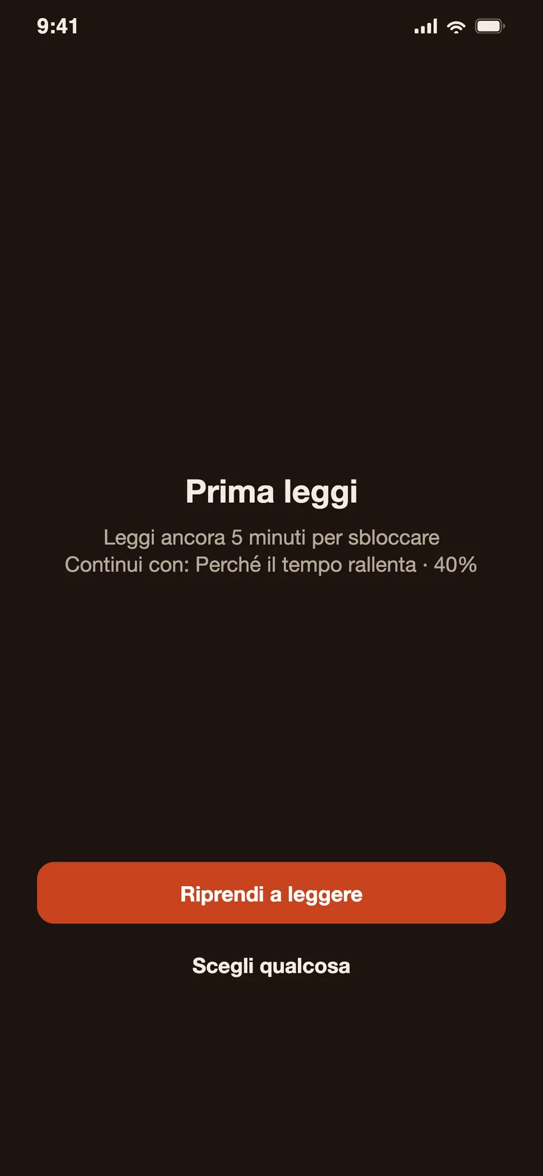 La pagina di blocco di Devoro: «Prima leggi», con i pulsanti «Riprendi a leggere» e «Scegli qualcosa»