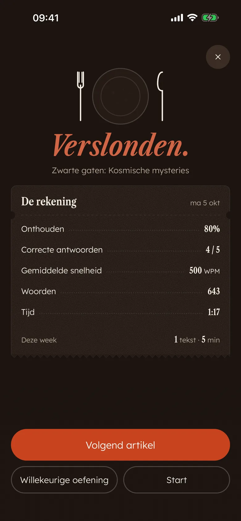 De Devoro-rekening na het lezen: “Verslonden.” met wat je onthield, goede antwoorden, snelheid, woorden en tijd