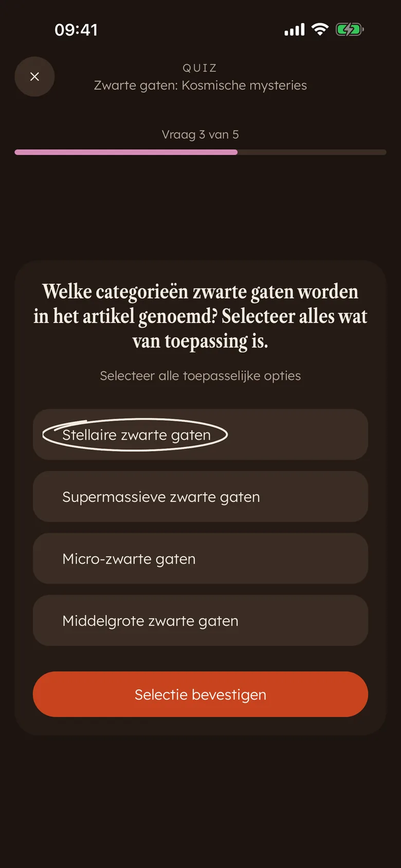 Een Devoro-quizvraag met meerdere antwoorden direct na het lezen, één antwoord omcirkeld