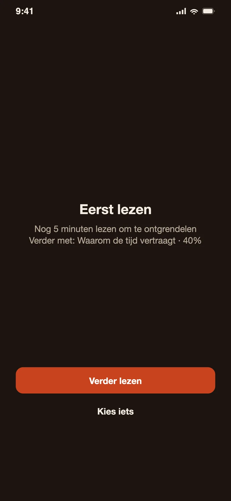De slotpagina van Devoro: “Eerst lezen”, met de knoppen “Verder lezen” en “Kies iets”
