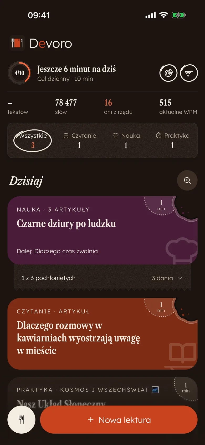 Ekran główny Devoro: kolorowe karty z kęsami, talerz celu i statystyki