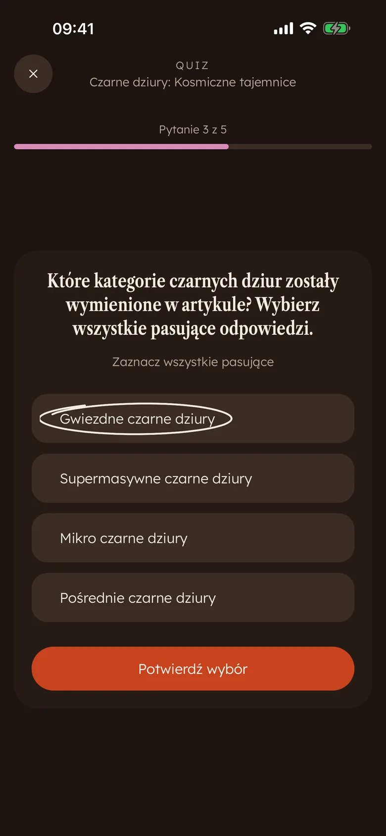 Pytanie wielokrotnego wyboru w quizie Devoro tuż po lekturze, jedna odpowiedź zakreślona