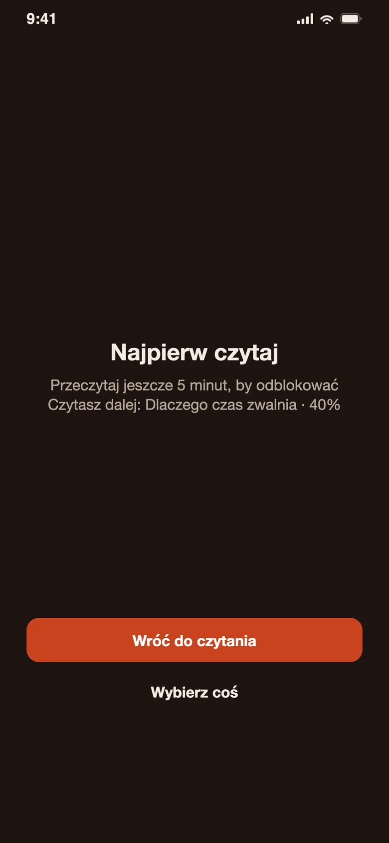 Strona blokady Devoro: „Najpierw czytaj” z przyciskami „Wróć do czytania” i „Wybierz coś”