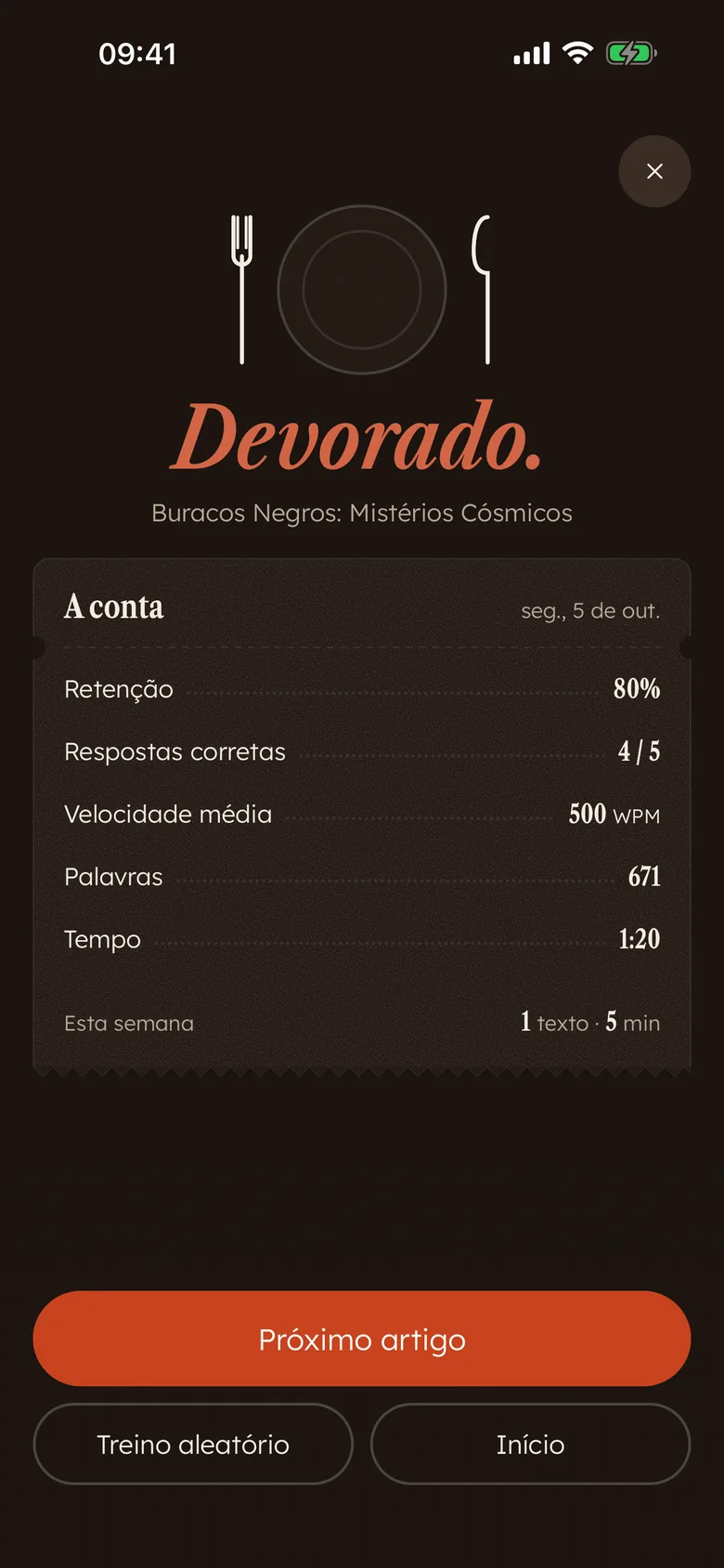 A conta do Devoro depois de uma leitura: «Devorado.» com retenção, respostas certas, velocidade, palavras e tempo