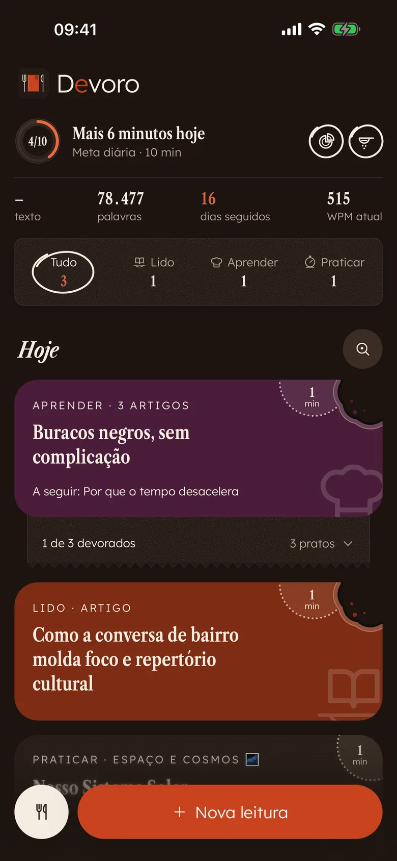 Início do Devoro: cartões de cor com mordidas, o prato da meta e estatísticas