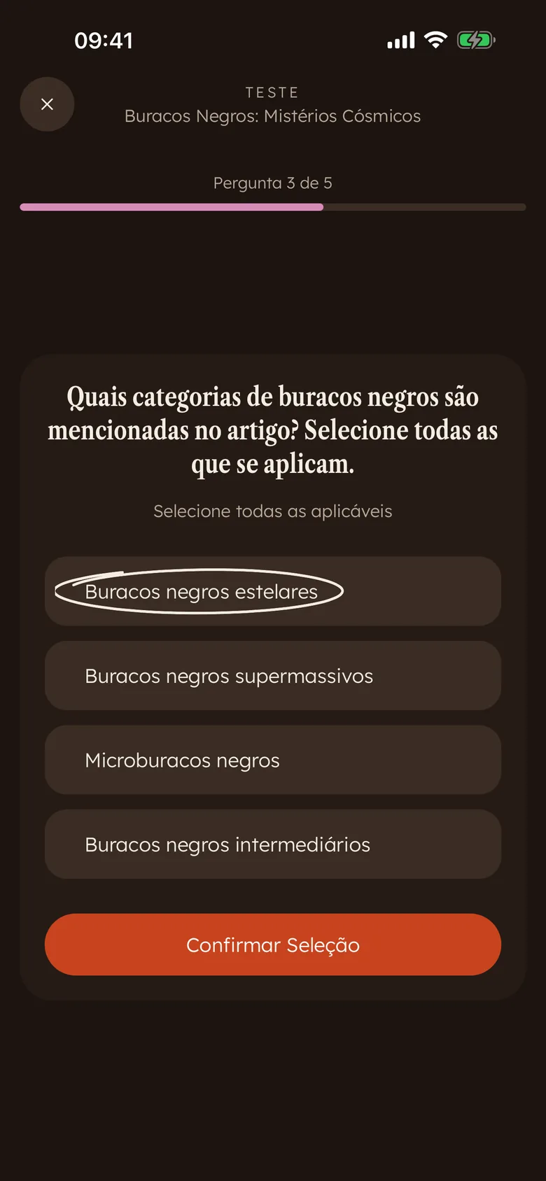 Uma pergunta de quiz do Devoro de escolha múltipla logo a seguir a uma leitura, com uma resposta circulada