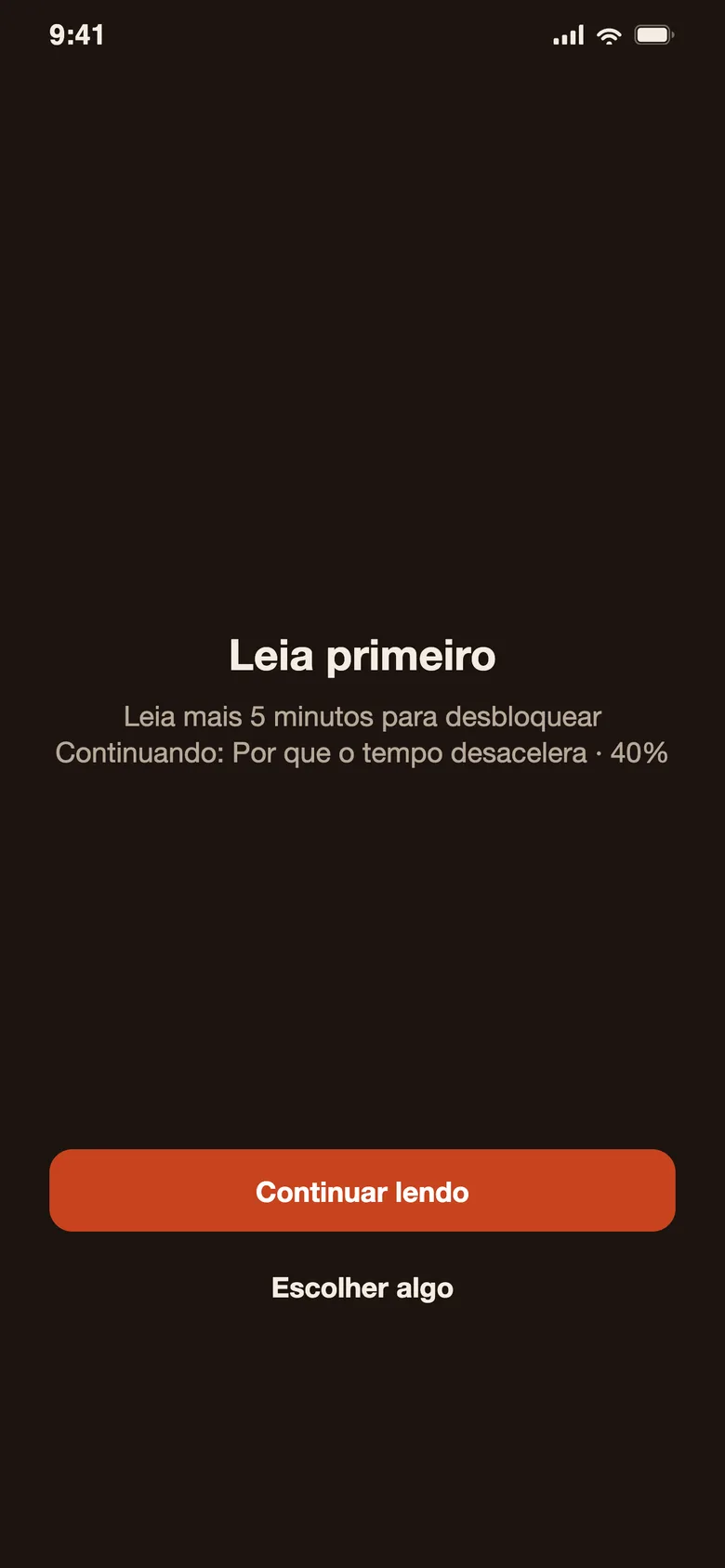 A página de bloqueio do Devoro: «Leia primeiro», com os botões «Continuar lendo» e «Escolher algo»