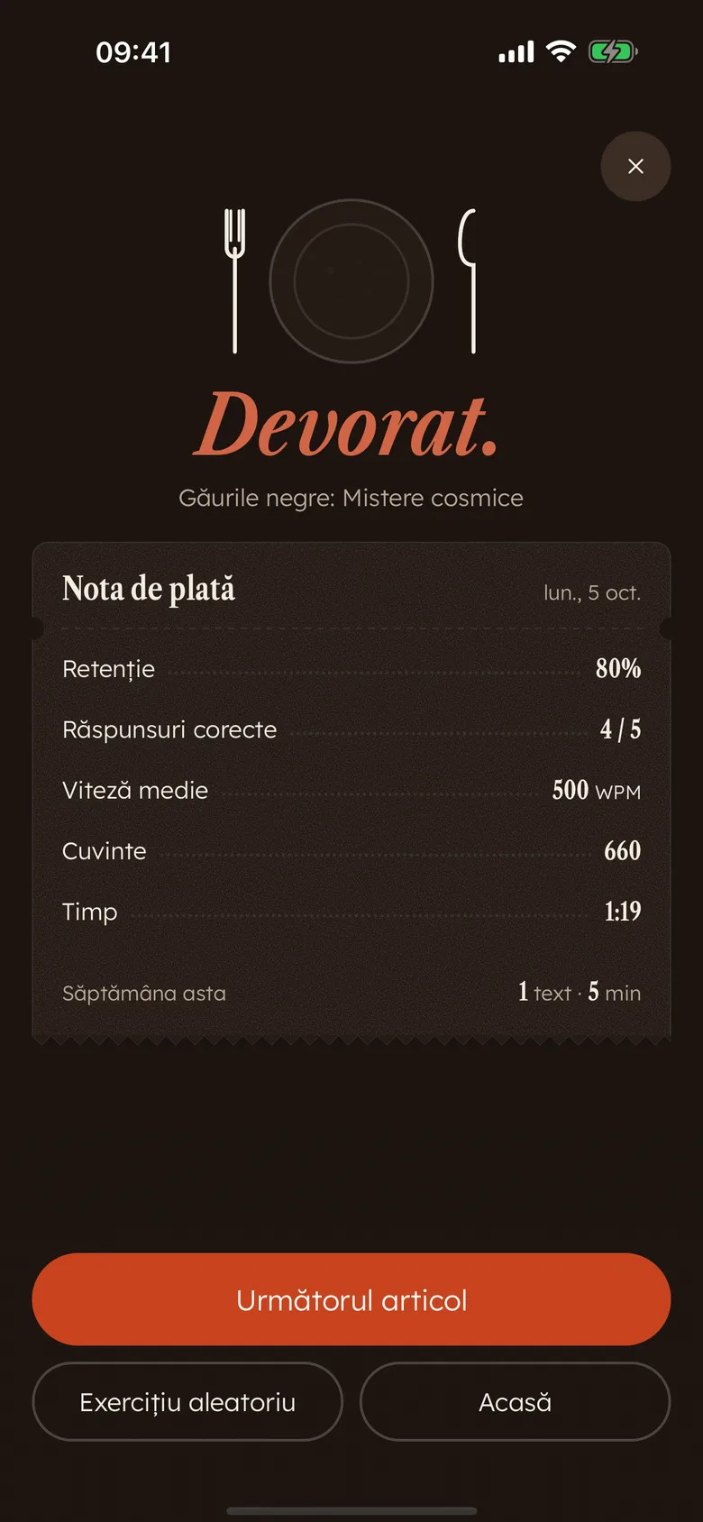 Nota Devoro după o lectură: „Devorat.” cu retenție, răspunsuri corecte, viteză, cuvinte și timp