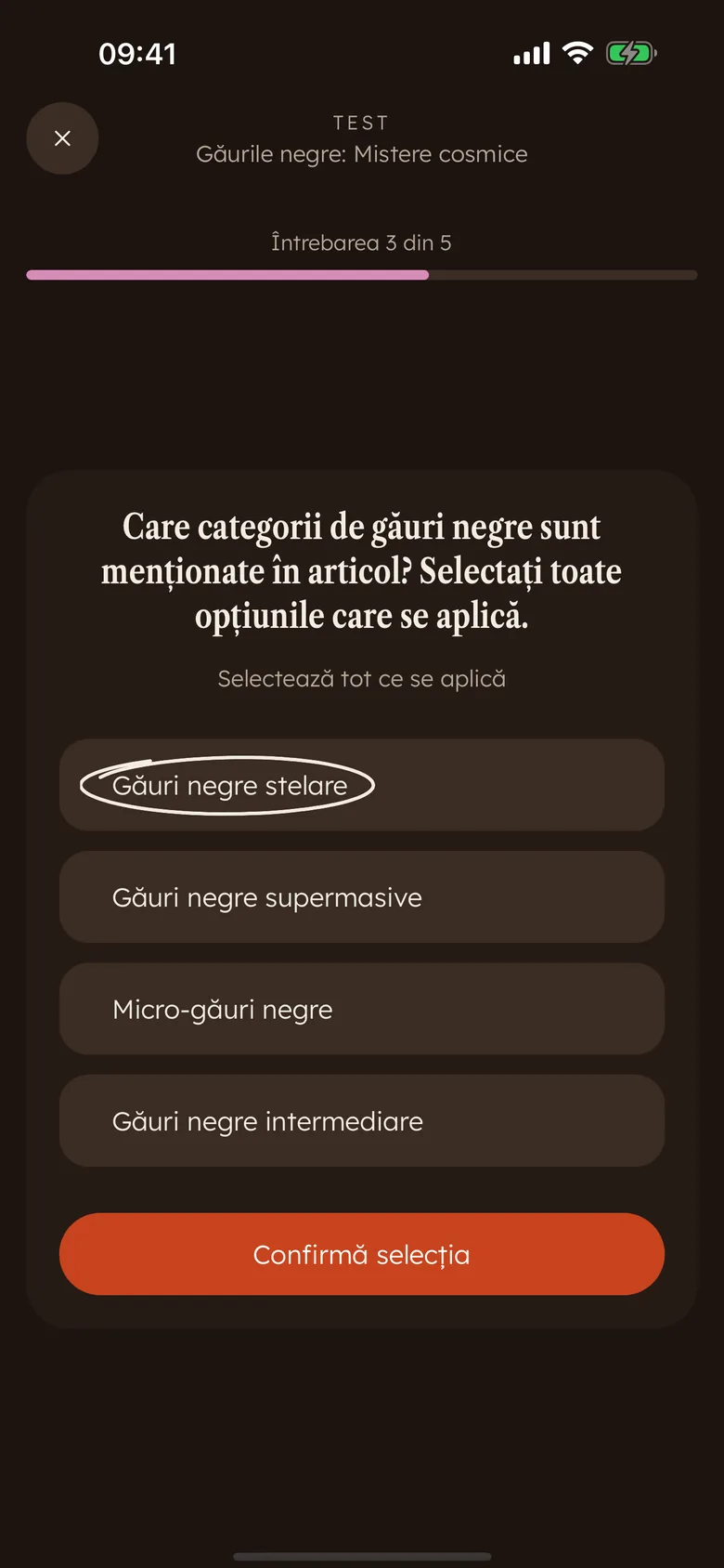 O întrebare de quiz Devoro cu alegere multiplă, imediat după o lectură, cu un răspuns încercuit