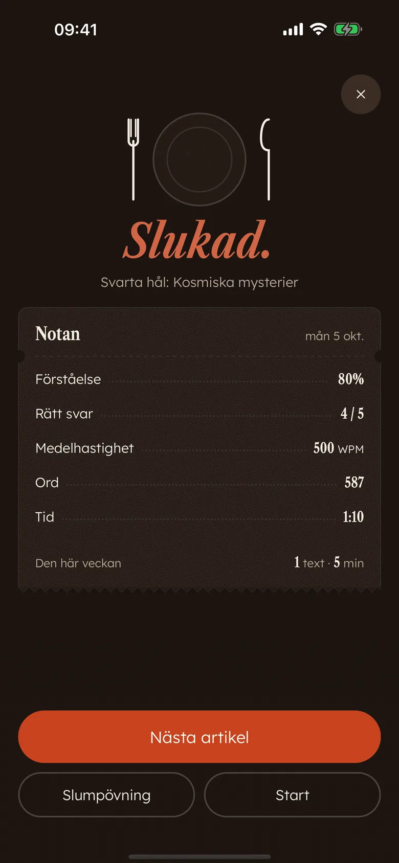 Devoros nota efter en läsning: ”Slukad.” med förståelse, rätta svar, fart, ord och tid