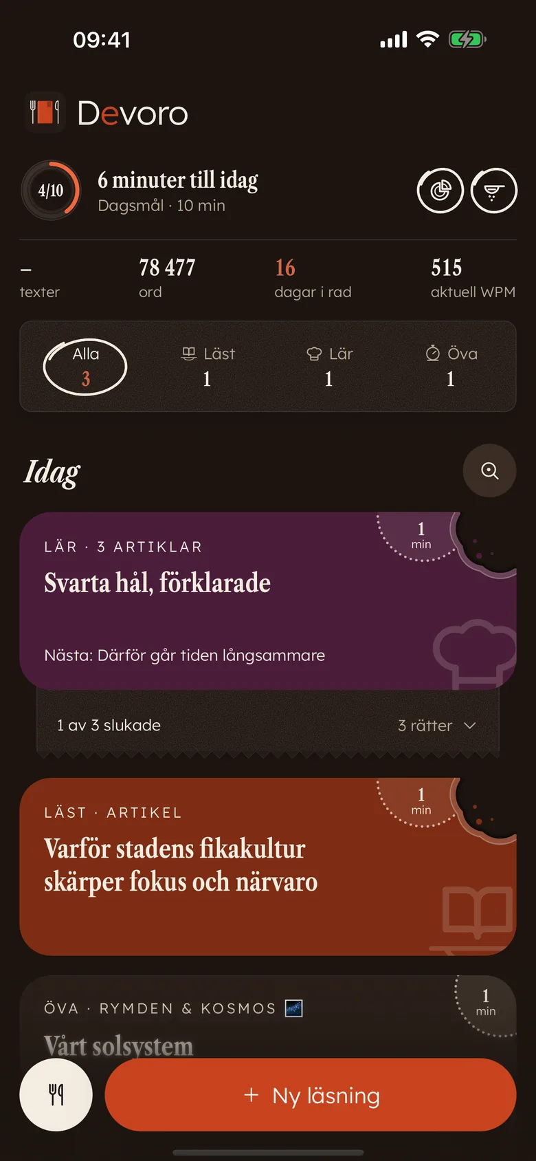Devoros hemskärm: färgkort med bett, måltallriken och statistik