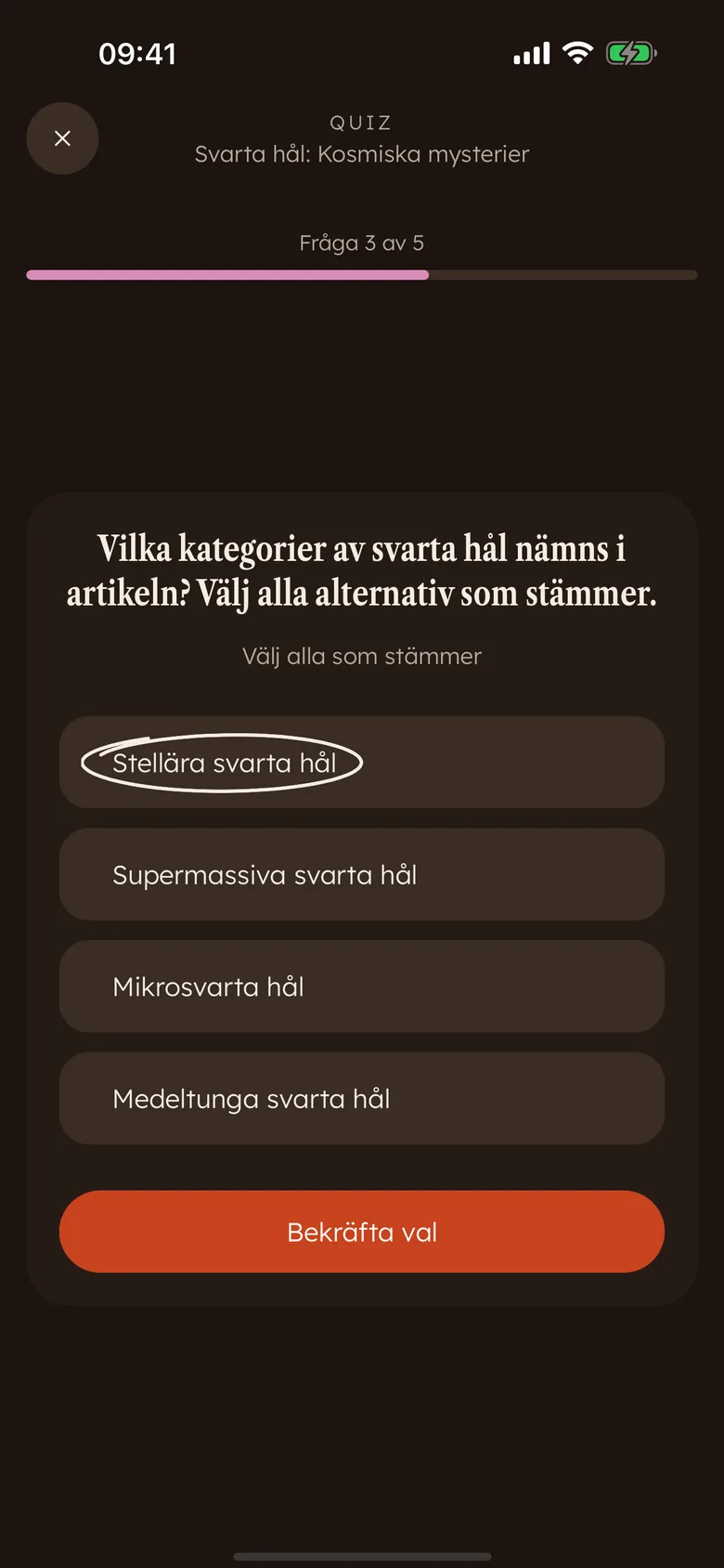 En Devoro-quizfråga med flera svarsalternativ direkt efter en läsning, ett svar inringat