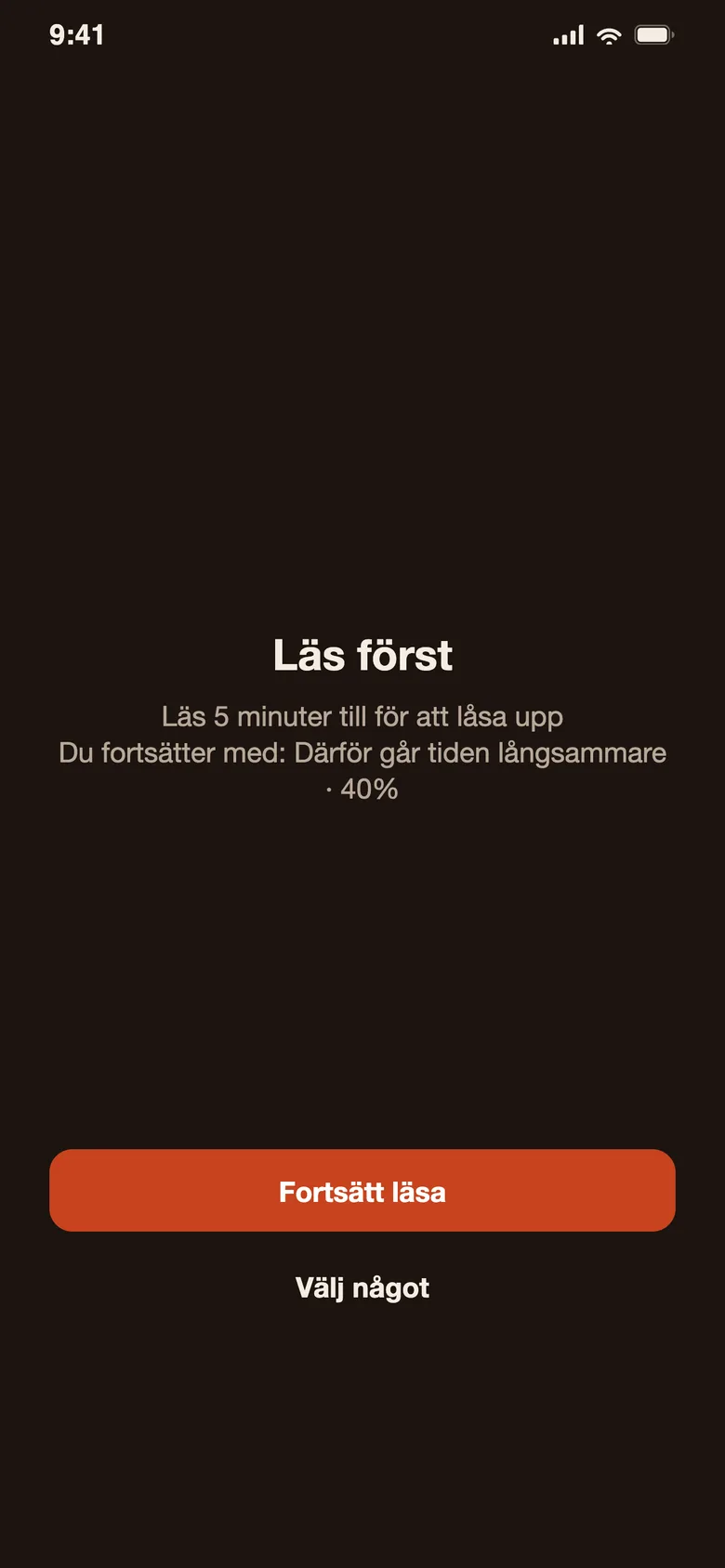 Devoros låssida: ”Läs först” med knapparna ”Fortsätt läsa” och ”Välj något”