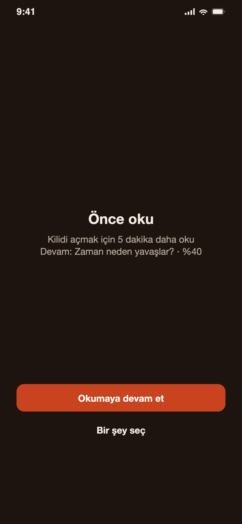 Devoro kilit sayfası: “Önce oku” başlığı, “Okumaya devam et” ve “Bir şey seç” düğmeleri